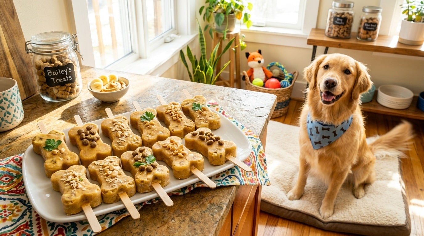 Frozen peanut butter banana pupsicles for dogs in bone shapes, with a golden retriever nearby.