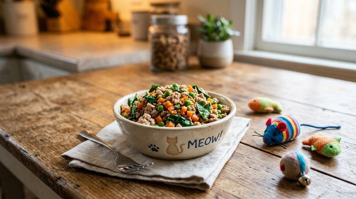 Homemade turkey and spinach cat food in a bowl with vegetables, ready for a cat