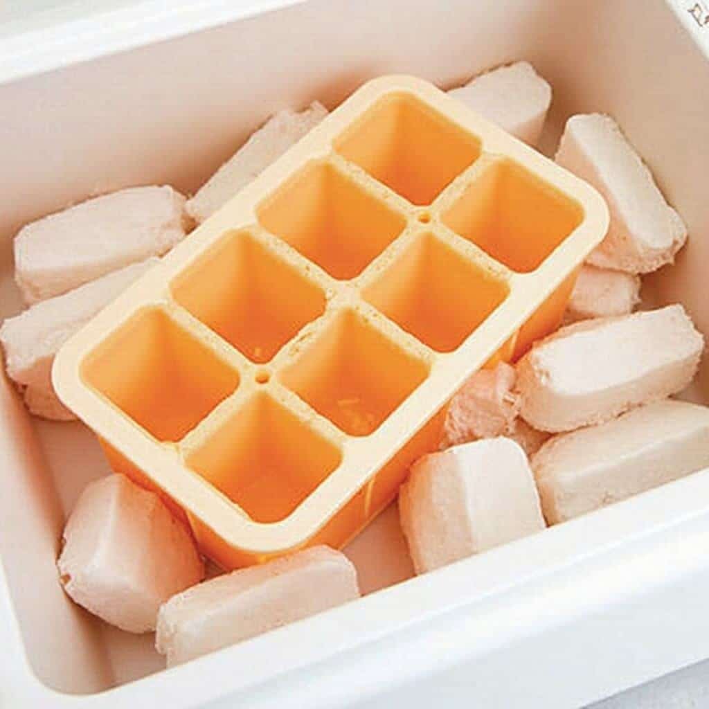 Silicone ice cube tray filled with orange salmon blend inside a freezer