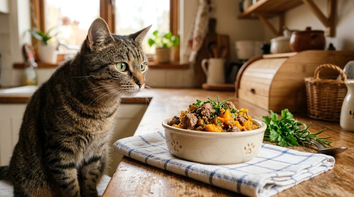 A hearty homemade cat meal with lamb and pumpkin in a bowl, ready for sharing with a cat.