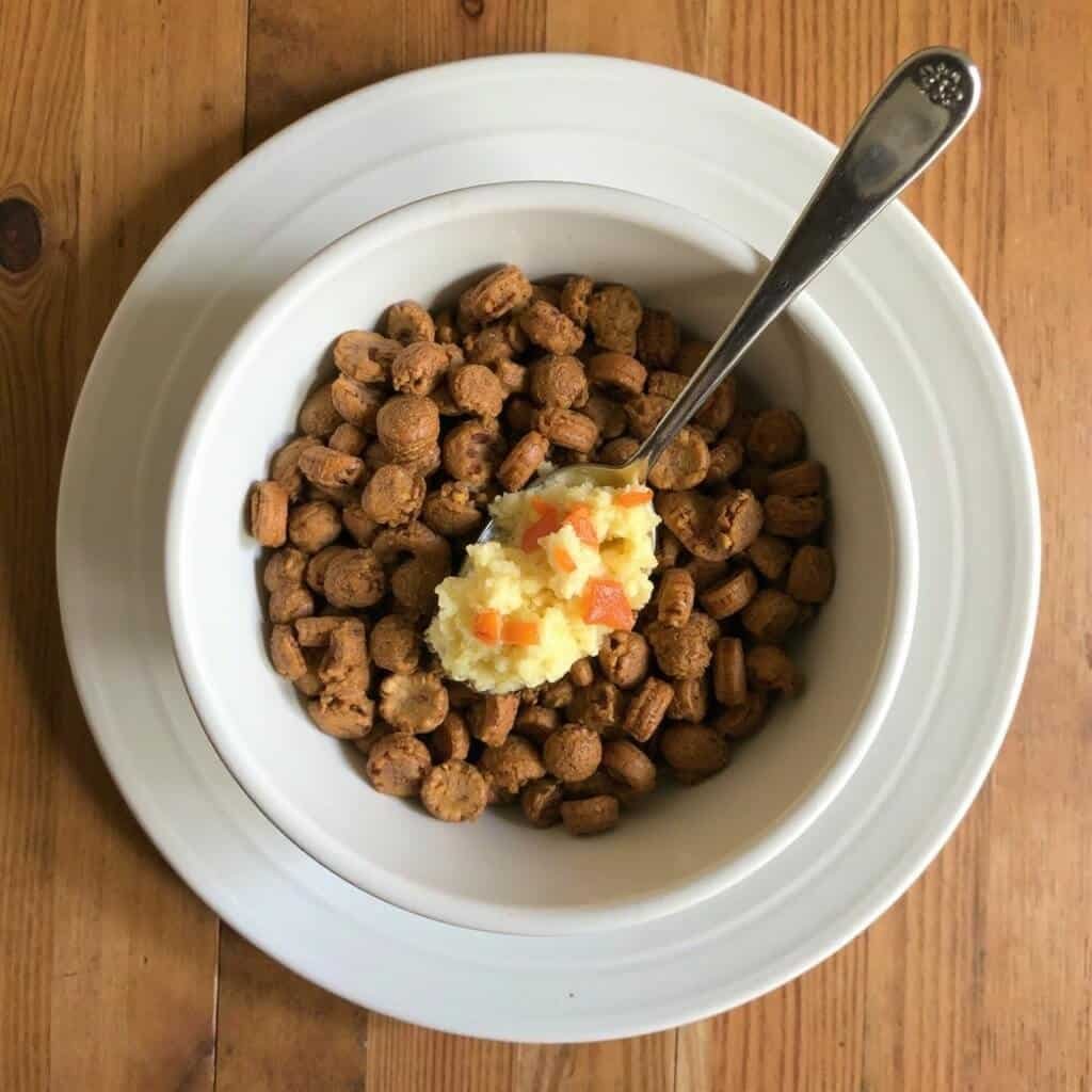 Dog food bowl topped with a spoonful of salmon-yolk blend on a kitchen counter