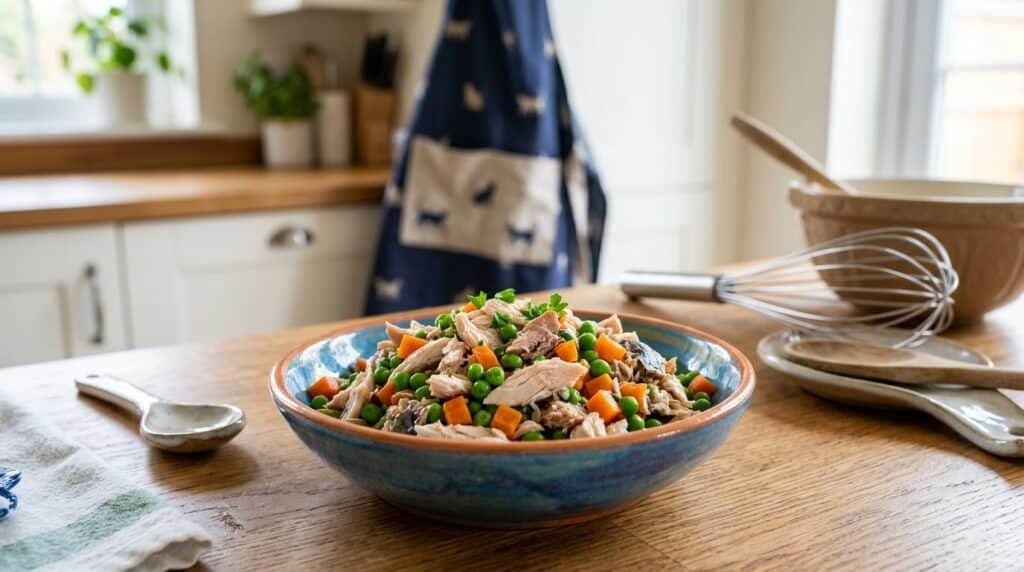 A nutritious bowl of chicken and mackerel complemented with peas and carrots, designed for cats, displayed on a kitchen counter.