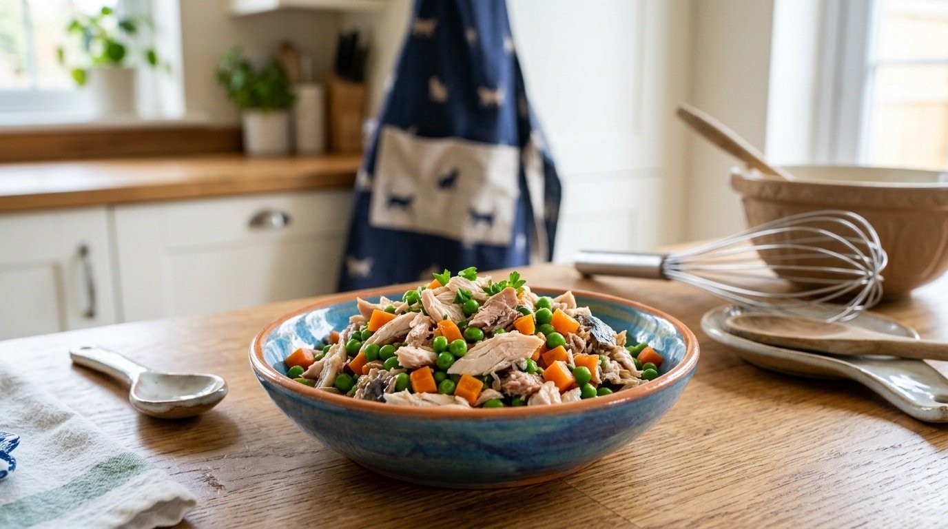 A nutritious bowl of chicken and mackerel complemented with peas and carrots, designed for cats, displayed on a kitchen counter.