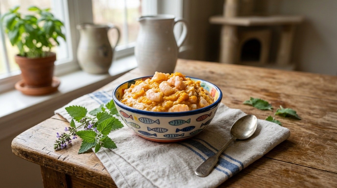 A bowl filled with shrimp and pumpkin puree cat food, garnished with catnip, on a rustic kitchen table.