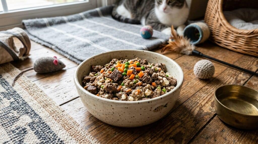 A delicious homemade Beef & Cottage Cheese Cat Food Blend served in a bowl, with visible bits of beef, cottage cheese, carrots, and peas.