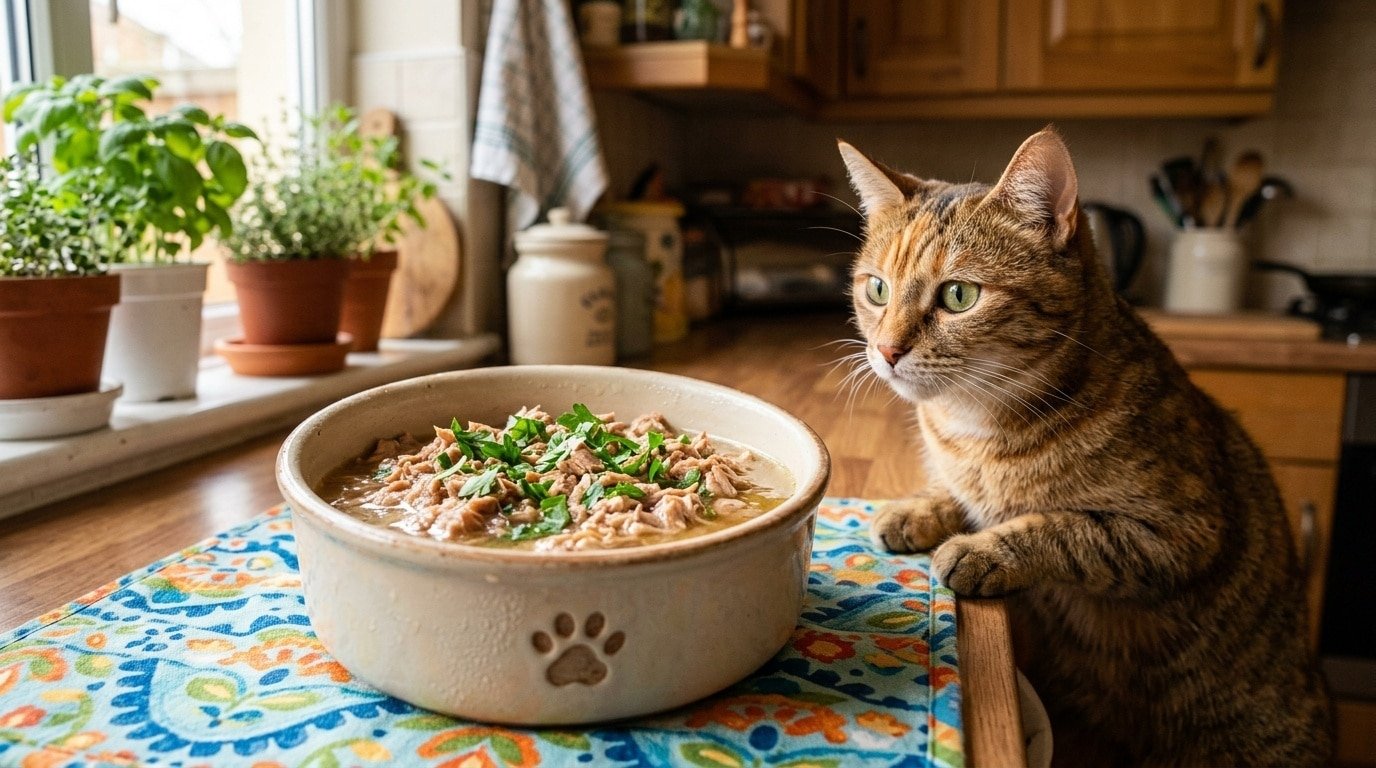 A nutritious tuna and bone broth meal for a cat in a bowl, garnished with parsley, with a curious cat nearby.