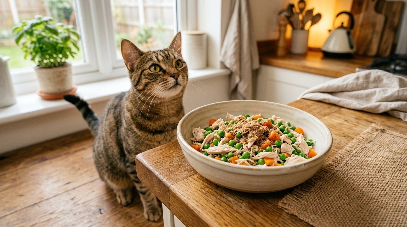 Homemade chicken and flaxseed cat food in a bowl, garnished with peas and carrots, with a cat in the background.
