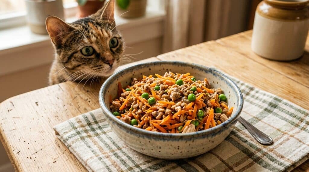 A delicious bowl of turkey and carrot food for cats, with vibrant colors and a curious cat in the background.