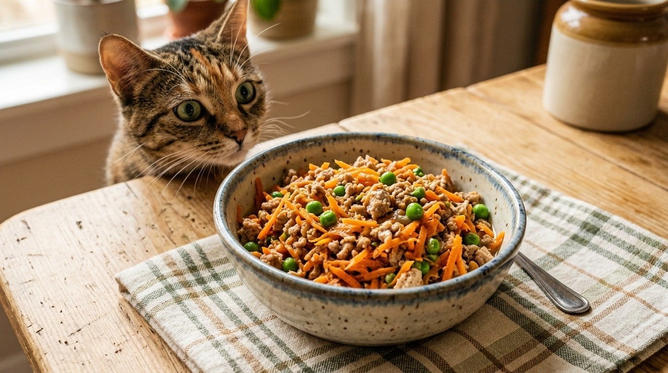 A delicious bowl of turkey and carrot food for cats, with vibrant colors and a curious cat in the background.