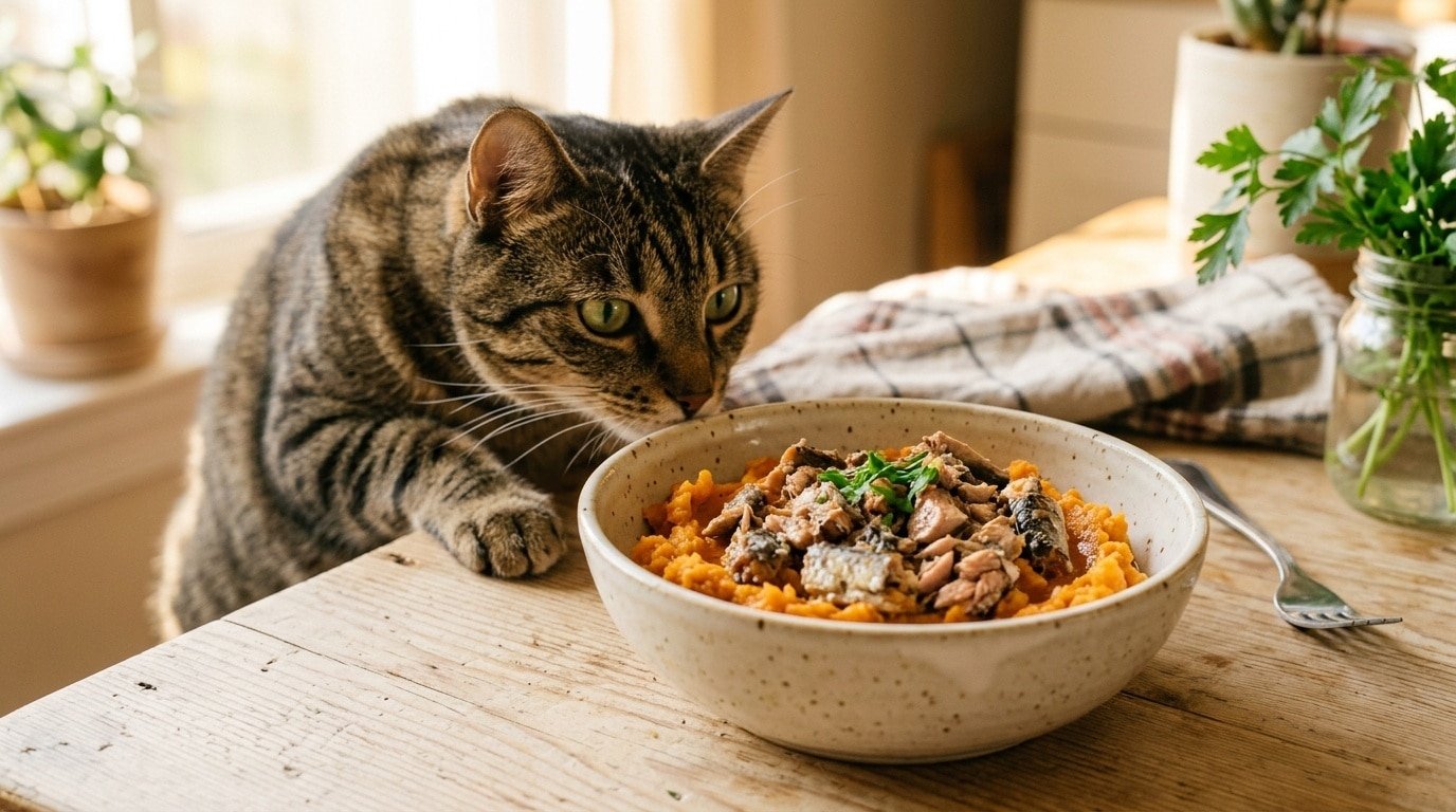 A bowl of homemade sardine and sweet potato cat food with a curious cat in the background.