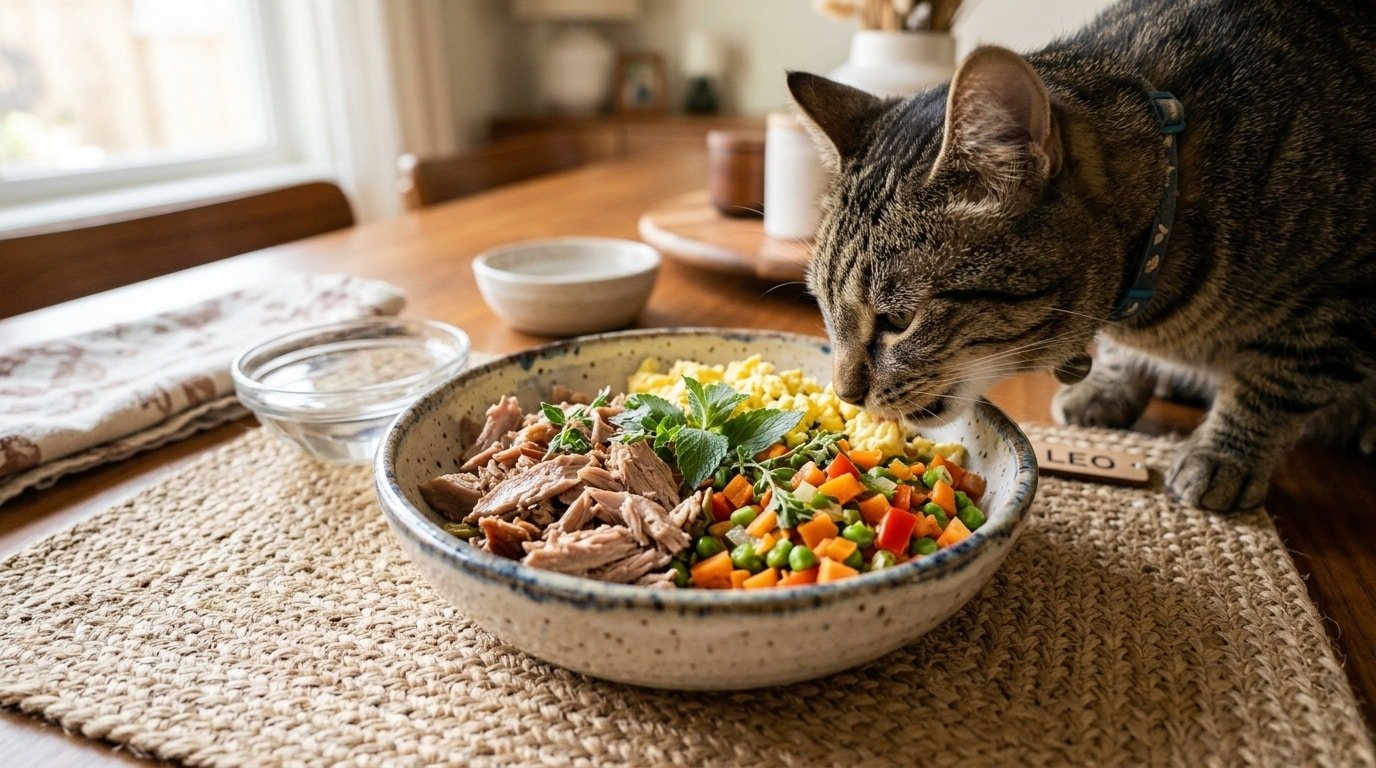 A colorful homemade cat bowl with duck and eggs, garnished with catnip and vegetables.