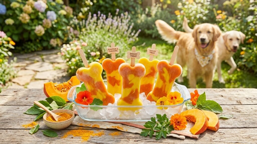 Homemade pumpkin and turmeric pupsicles shaped like bones in a glass dish, with fresh pumpkin slices.