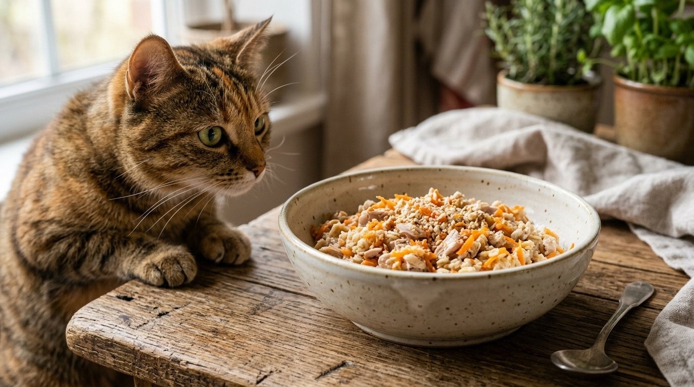 A bowl of homemade rabbit and oatmeal cat food with a curious cat nearby on a wooden table.