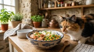 Bowl of homemade salmon and rice cat food with peas and carrots, alongside a playful cat in a cozy kitchen.