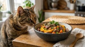 A nutritious Beef & Pumpkin Power Meal for Cats served with bits of beef and pumpkin puree, garnished with catnip, next to a curious cat.
