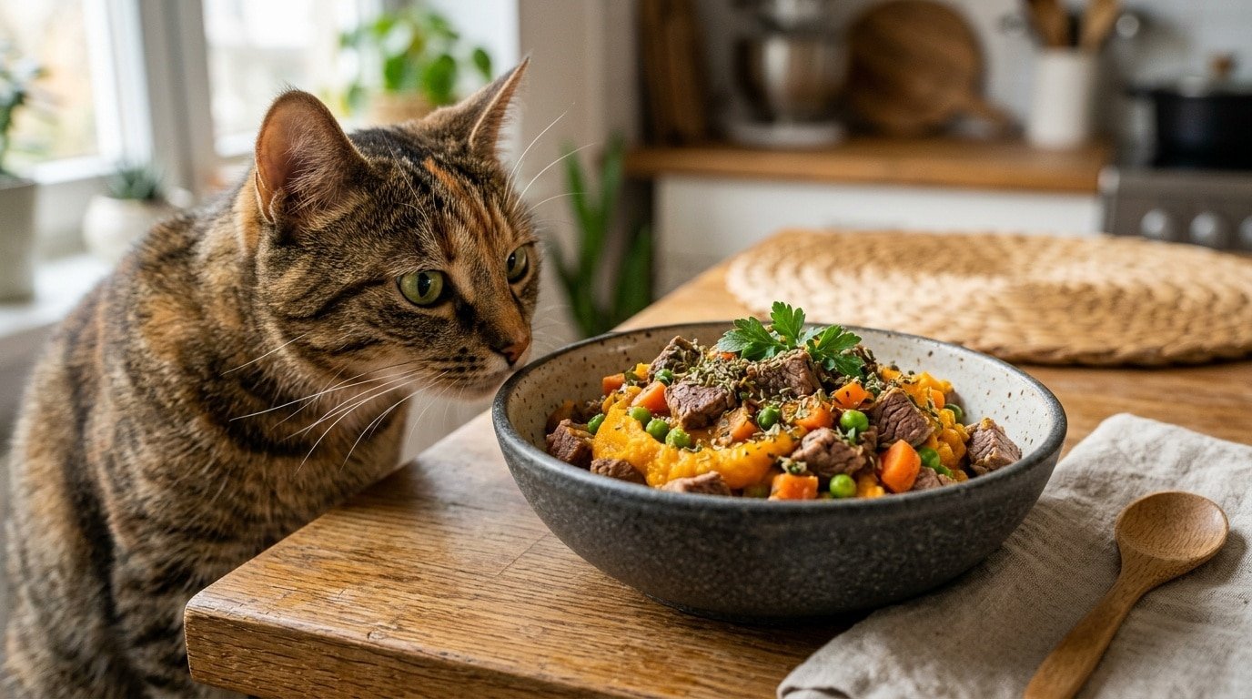 A nutritious Beef & Pumpkin Power Meal for Cats served with bits of beef and pumpkin puree, garnished with catnip, next to a curious cat.