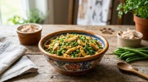 Bowl of chicken and green bean homemade cat food, surrounded by fresh ingredients on a wooden table.