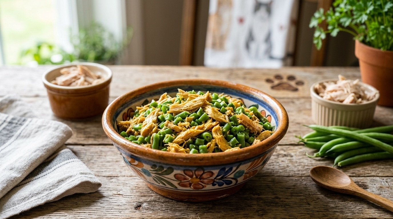 Bowl of chicken and green bean homemade cat food, surrounded by fresh ingredients on a wooden table.