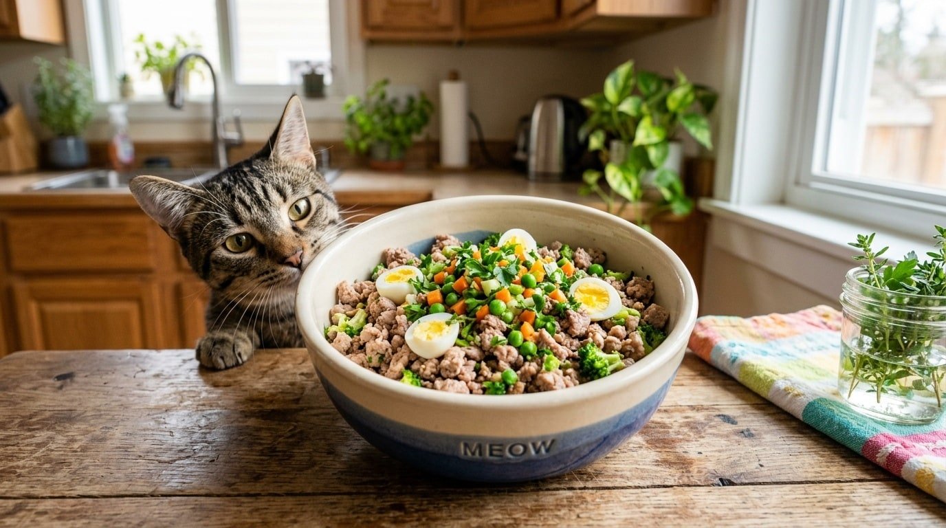 A bowl of homemade turkey and quail egg cat food with visible turkey pieces and chopped quail egg, surrounded by a curious cat.