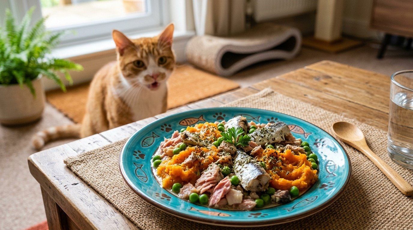 A plate of homemade tuna & sardine seafood feast for cats, featuring tuna, sardines, sweet potato, and peas.