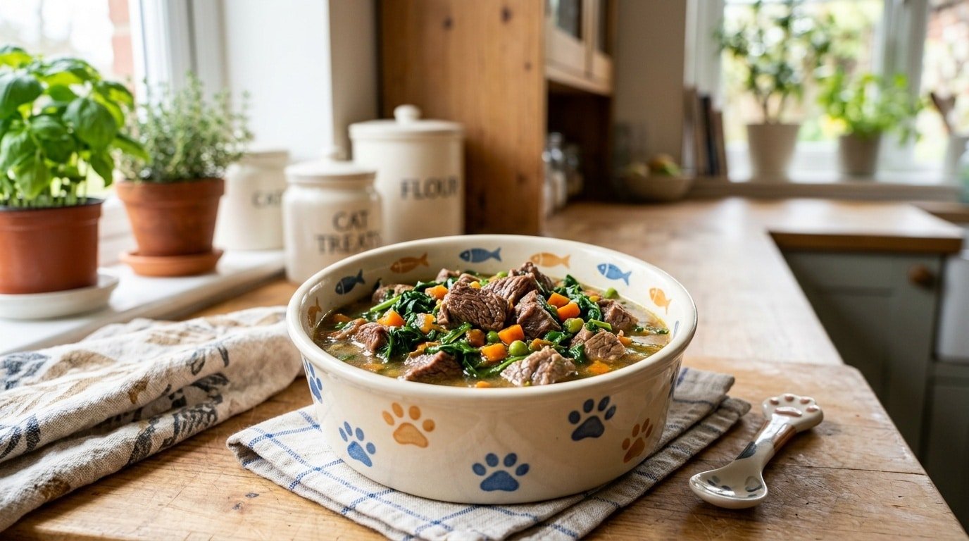 A bowl of homemade lamb and spinach meal for cats, featuring ground lamb, spinach, and carrots.