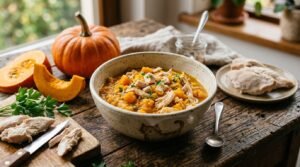 Bowl of chicken and pumpkin cat food, with fresh ingredients in the background.