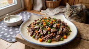 Plate of fresh duck and liver cat meal with vegetables, prepared for a cat