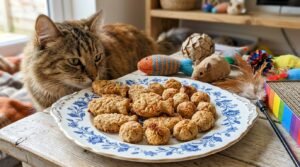 A plate of golden-brown homemade salmon and coconut cream cat treats in playful shapes, with a curious cat in the background.