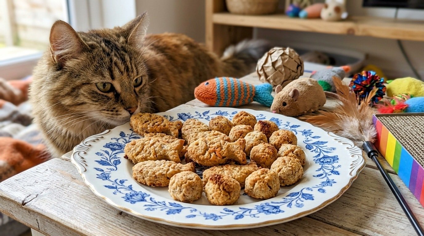 A plate of golden-brown homemade salmon and coconut cream cat treats in playful shapes, with a curious cat in the background.