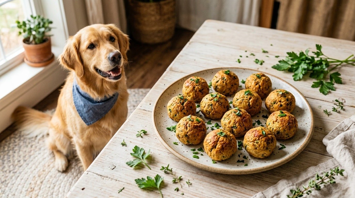 Homemade tuna and parsley balls for dogs arranged on a plate, with fresh parsley and a happy dog nearby.