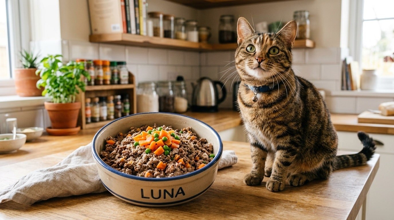 Bowl of homemade cat food with ground beef, carrots, and peas, with a curious cat nearby.