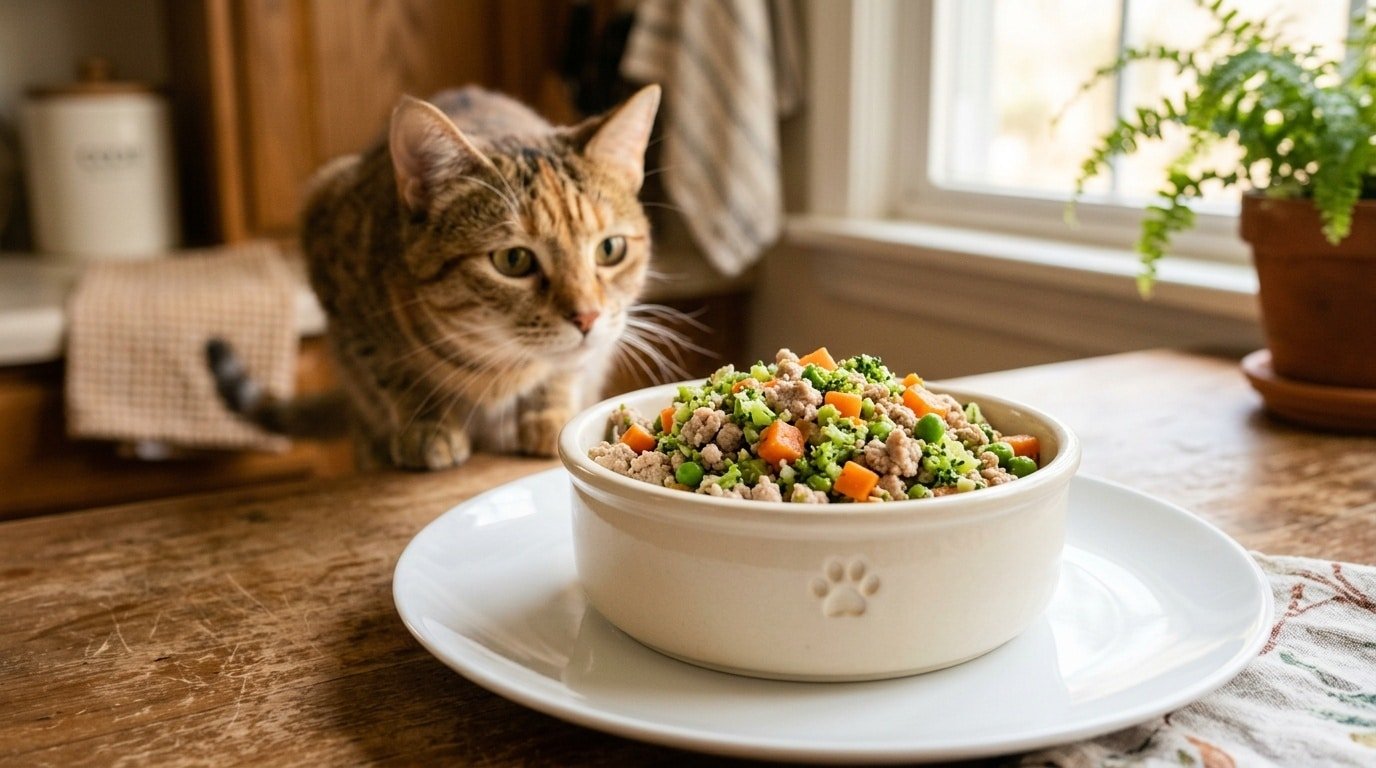 Nutritious turkey and broccoli meal for a cat, featuring vibrant vegetables on a white plate with a curious cat in the background.