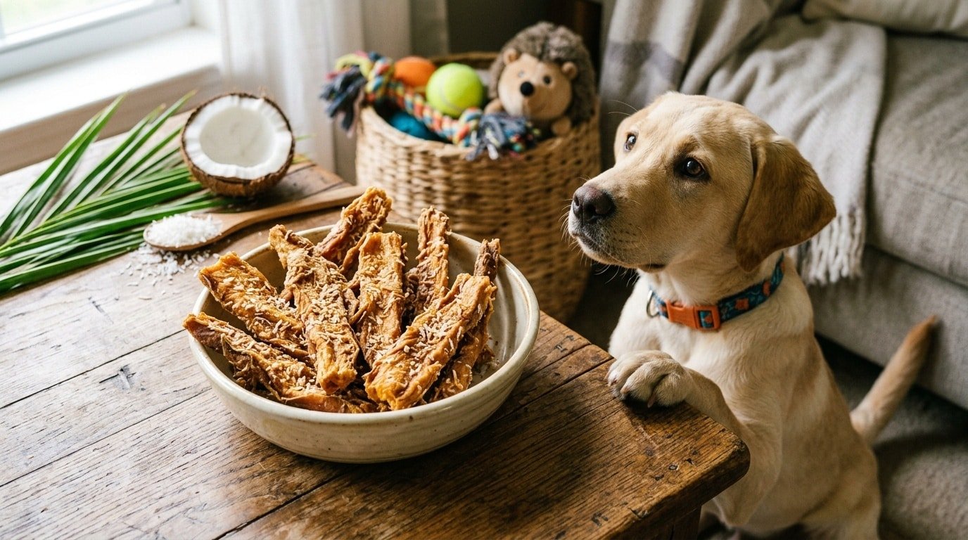 Homemade sweet potato and coconut chews for dogs in a bowl on a wooden table with a curious dog and coconut in the background.