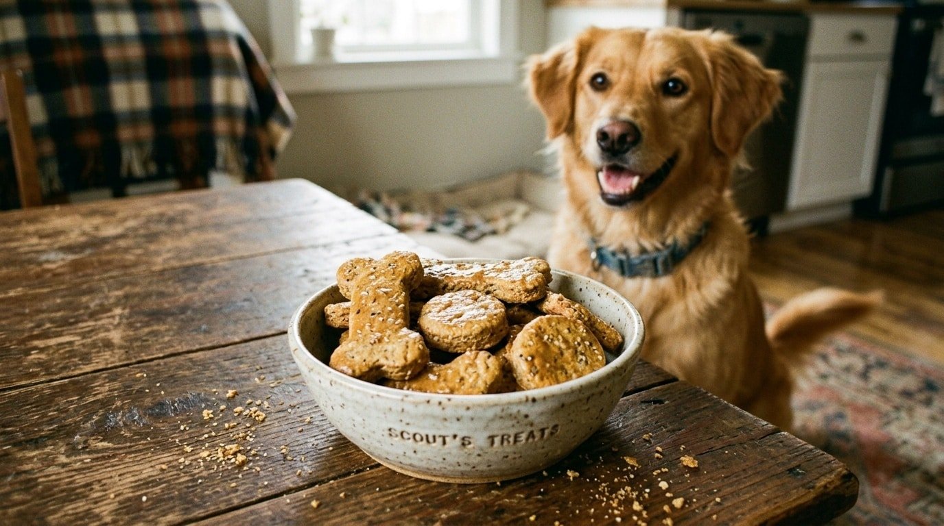 Homemade peanut butter banana dog treats shaped like bones on a rustic table, with a dog eagerly awaiting them.