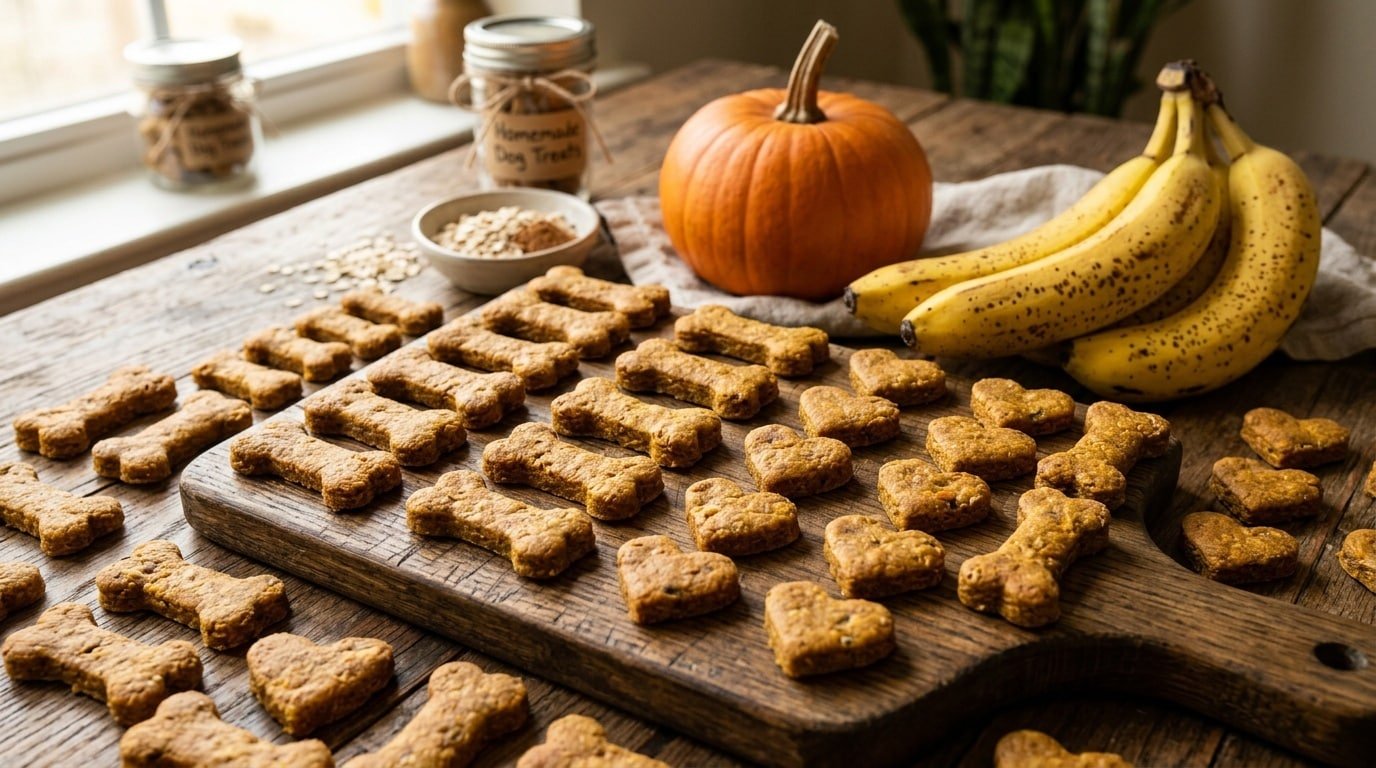 Homemade banana pumpkin chews for dogs on a rustic wooden table with fresh bananas and pumpkin.