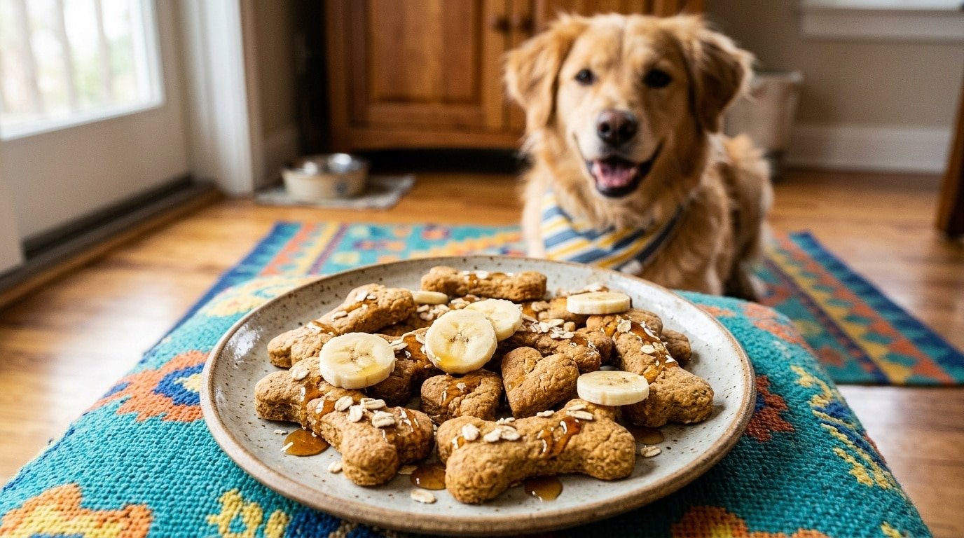 Delicious homemade banana and honey dog biscuits on a colorful mat with a dog in the background.