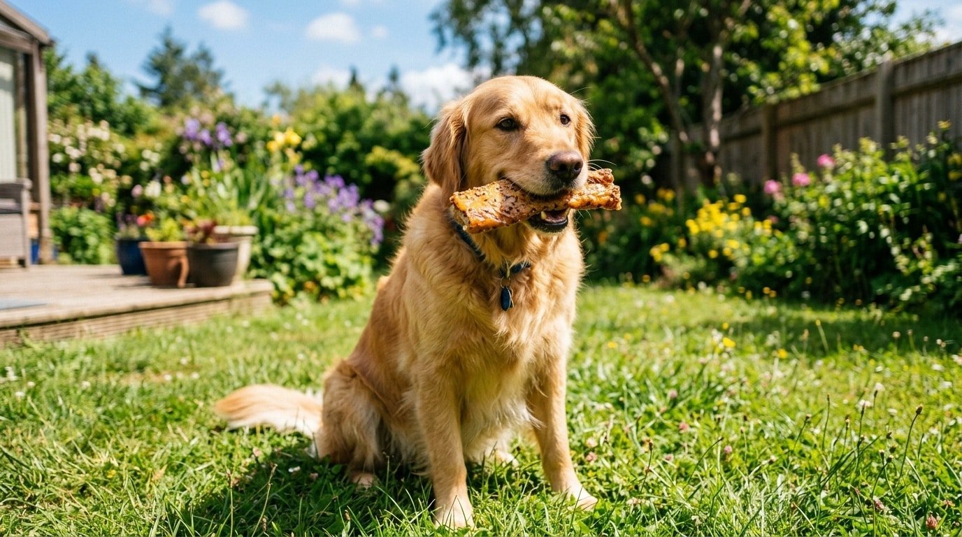 A happy dog enjoying a tuna and flaxseed chew on a sunny day.