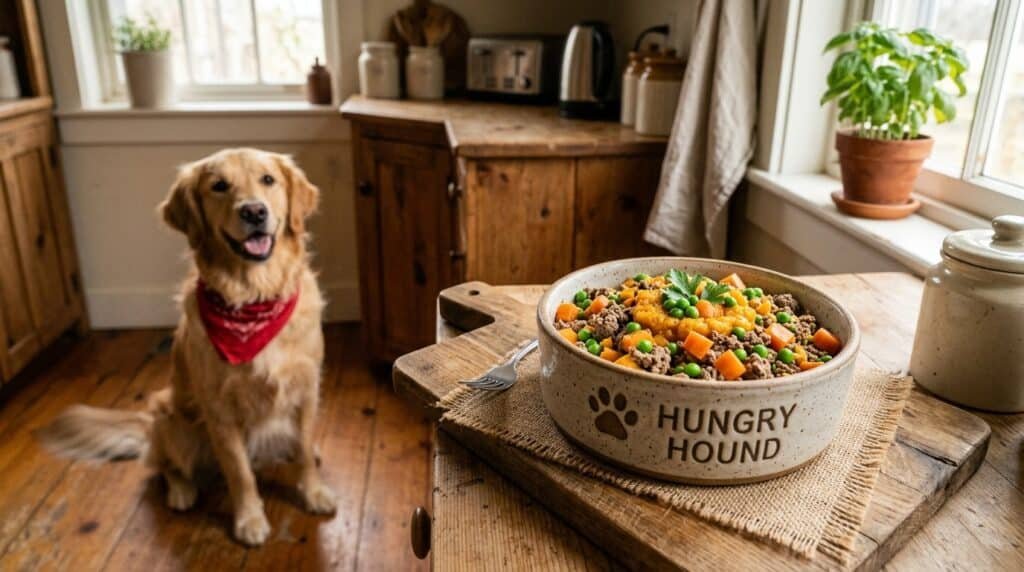 A bowl of beef and pumpkin dog food with carrots and peas, presented for a dog, in a bright kitchen setting.