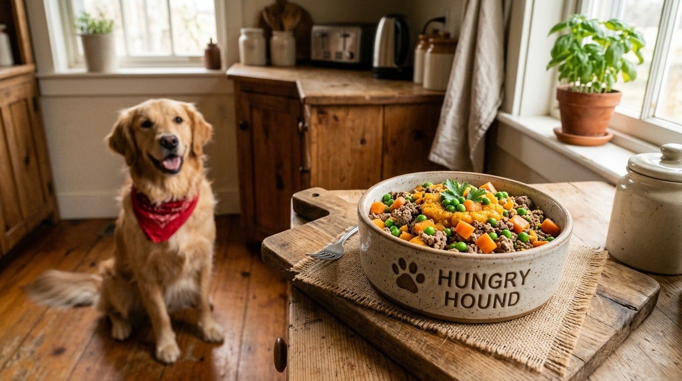 A bowl of beef and pumpkin dog food with carrots and peas, presented for a dog, in a bright kitchen setting.