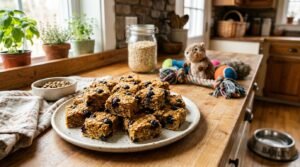 Homemade blueberry pumpkin oatmeal chews for dogs arranged on a plate, set in a warm kitchen.