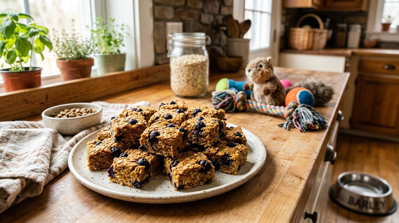 Homemade blueberry pumpkin oatmeal chews for dogs arranged on a plate, set in a warm kitchen.