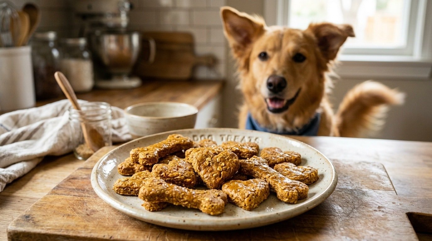 Homemade pumpkin apple cookies for dogs on a plate next to a happy dog, shaped like bones and hearts.