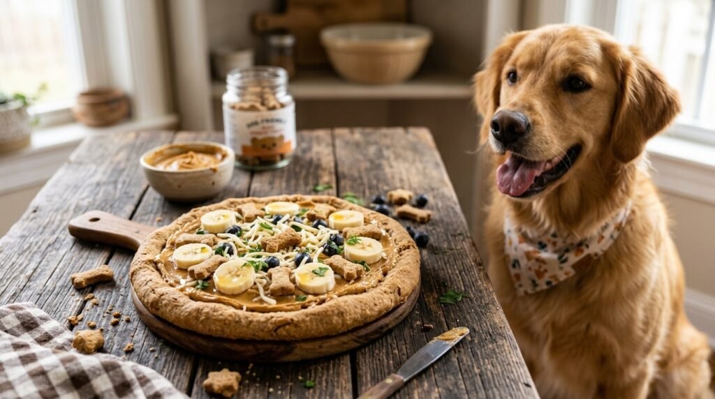 A delicious dog-friendly pizza topped with peanut butter and banana slices, with a happy dog waiting nearby.
