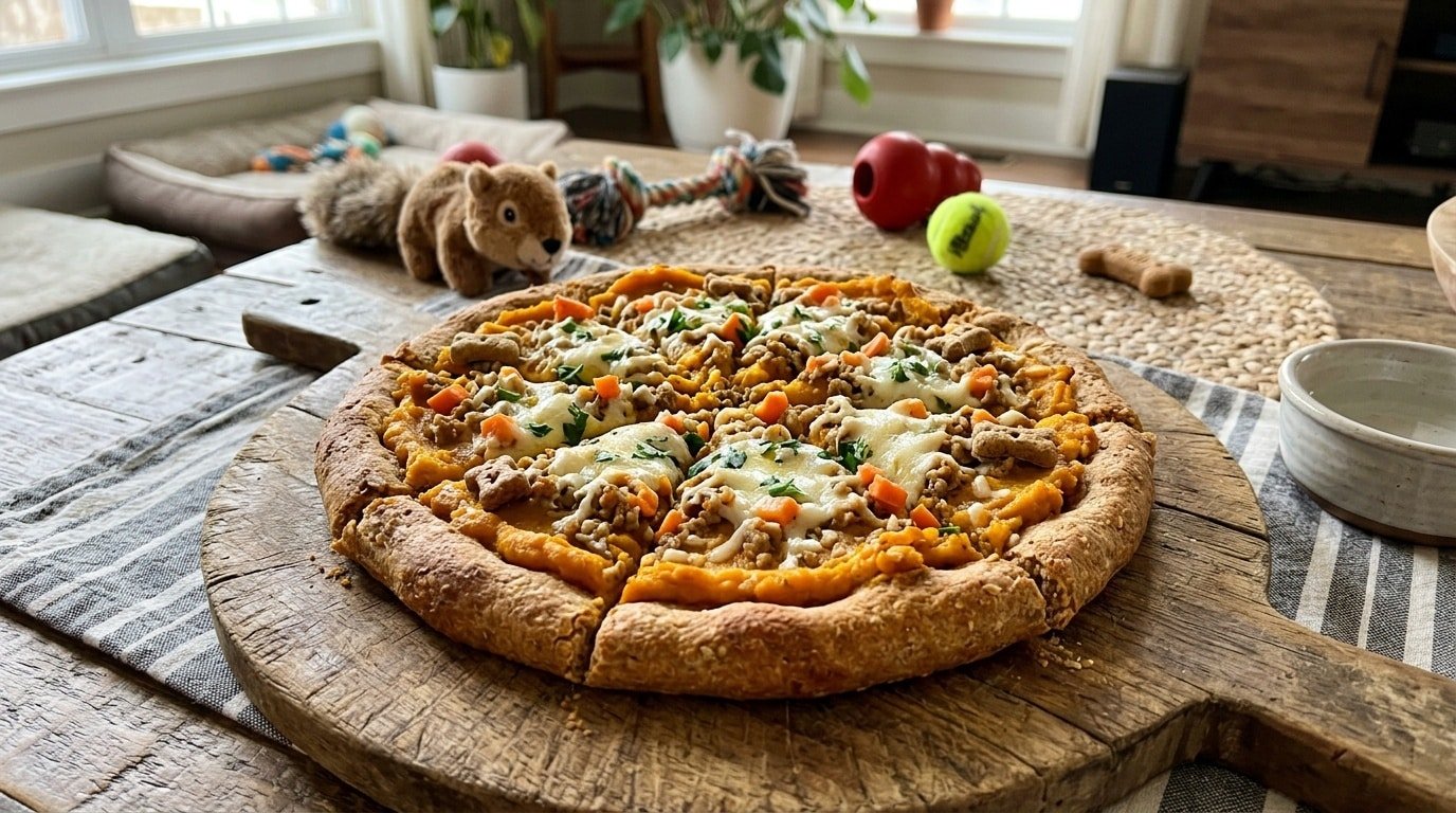 Homemade dog pizza topped with pumpkin, turkey, and cheese on a wooden board.