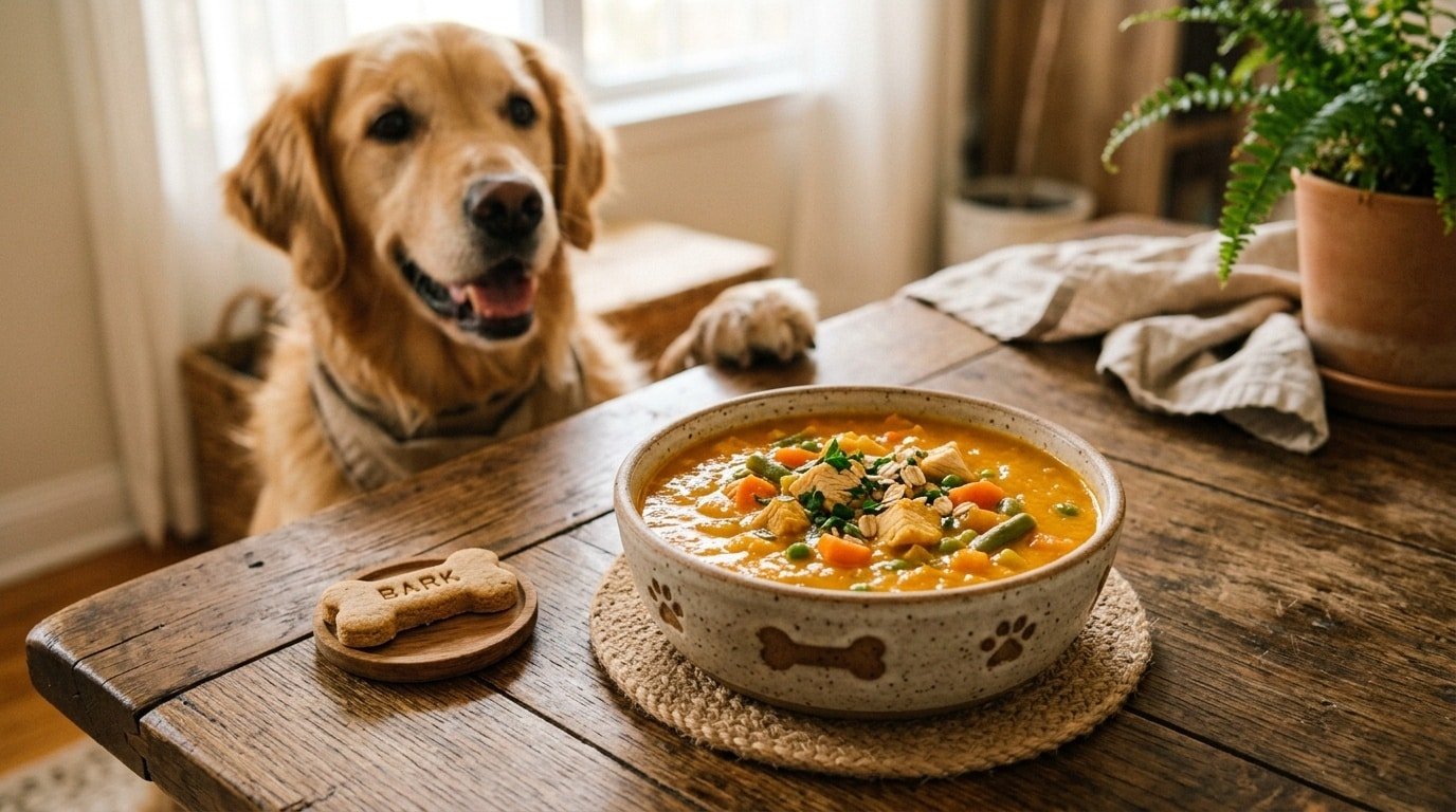 A bowl of pumpkin chicken soup for dogs with chicken chunks and vegetables, alongside a happy dog waiting for a treat.