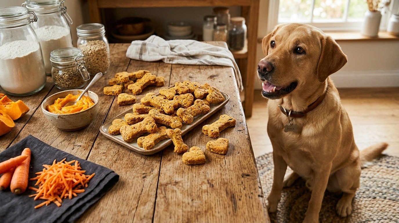 Freshly baked carrot and pumpkin dog treats on a wooden table with a dog waiting for a treat.