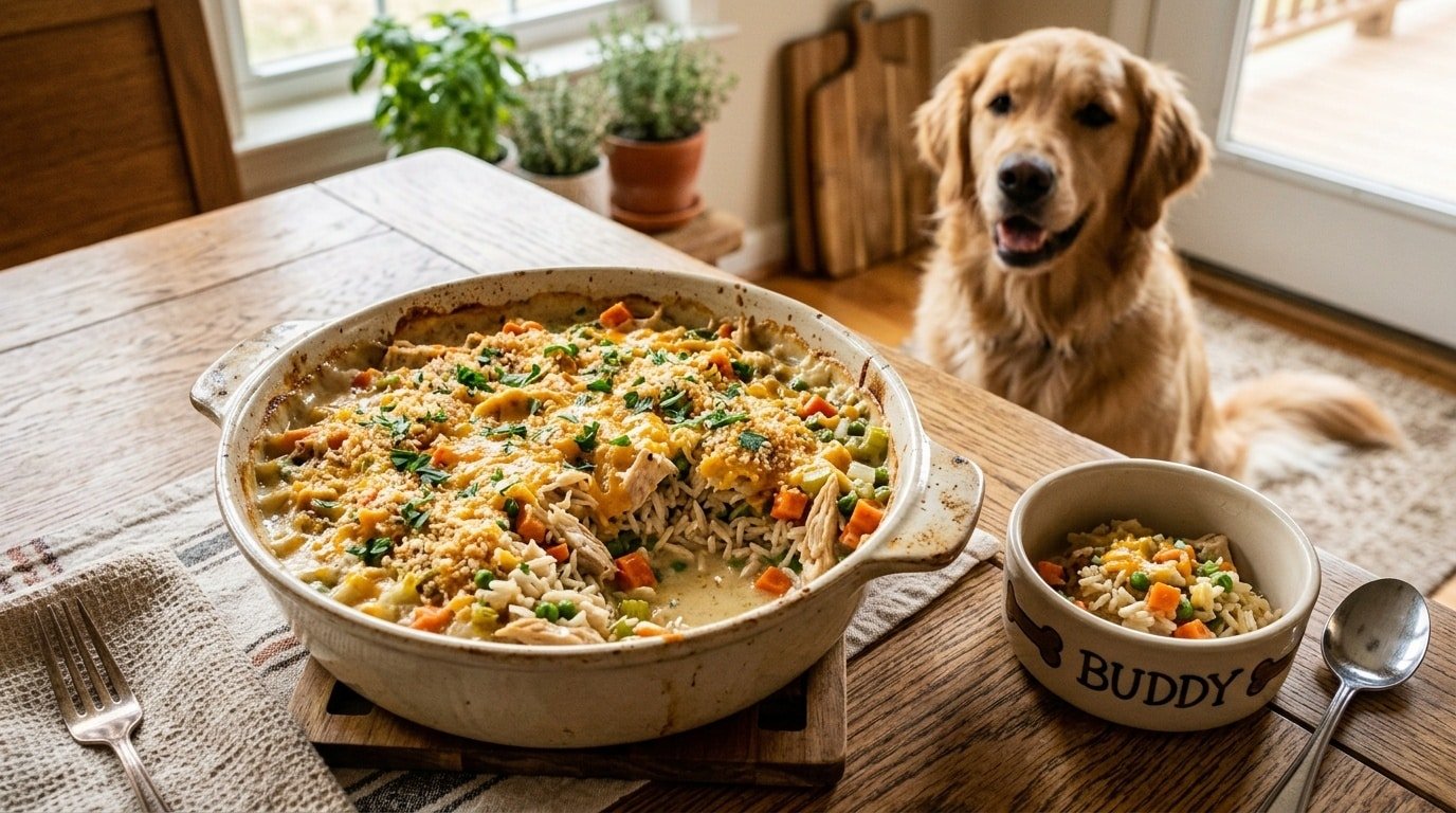 A homemade chicken and rice dog casserole with chicken, carrots, and peas in a baking dish, ready to serve to a happy dog.