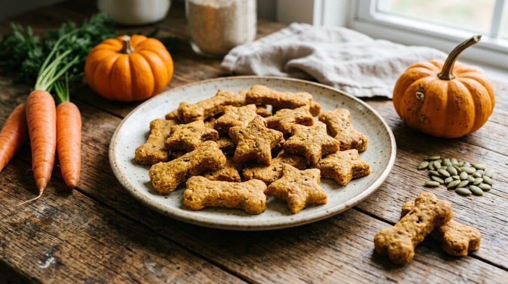 Homemade carrot pumpkin chews for dogs displayed on a plate with carrots and pumpkins.