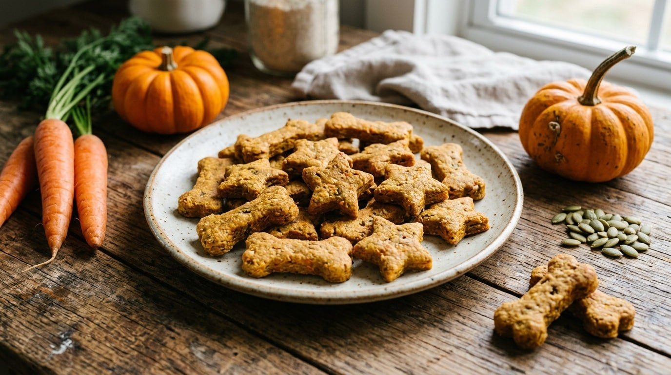 Homemade carrot pumpkin chews for dogs displayed on a plate with carrots and pumpkins.
