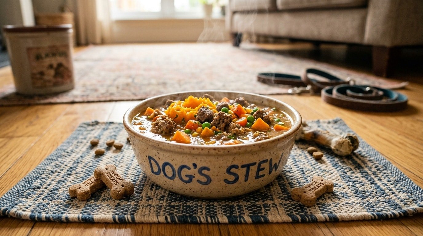 A bowl of beef and pumpkin stew for dogs with ground beef, pumpkin, carrots, and peas, set on a mat with dog treats.